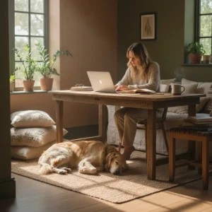 A serene everyday lifestyle scene showing a dog naturally included in its owner’s daily routine, the owner working or journaling at a table while the dog rests peacefully nearby, soft morning light, cozy home interior, calm and balanced atmosphere, realistic lifestyle photography, warm tones, authentic moment, blog section image, 16:9 aspect ratio